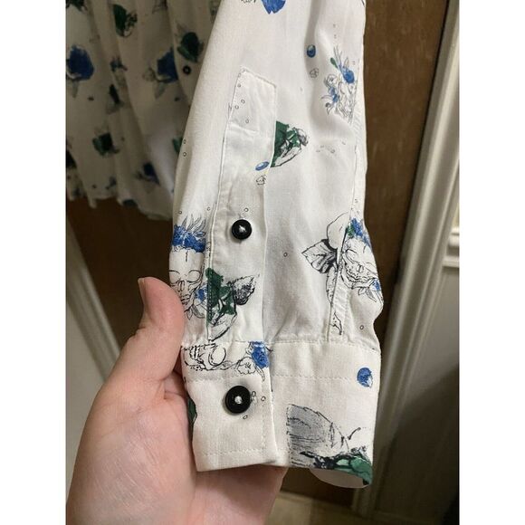 Zara Man White Lightweight Skull Roses Button Up Long Sleeve Relaxed Fit Soft - Picture 6 of 13